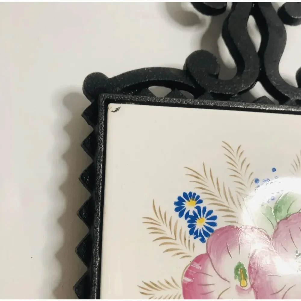 Vintage Cast Iron Floral Ceramic Tile Trivet Hand Painted Pink Blue Flowers 9.5